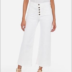 Express High Waisted White Cropped Raw Hem Wide Leg Jeans
